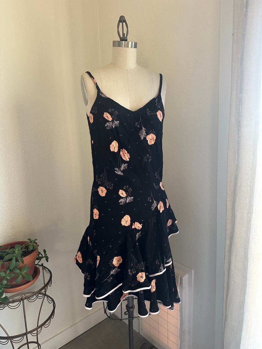 BP women’s Small Dress Black Floral Asymmetrical Ruffle Midi Dress